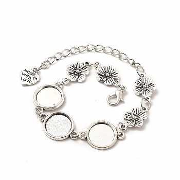 Alloy Bracelets & Anklets Making, Flower Link Bracelet with Heart Charm, Blank Cabochon Setting, Antique Silver, 9-5/8 inch(24.5cm), Round Tray: 12mm