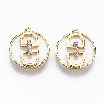 Brass Cubic Zirconia Pendants, with Shell, Nickel Free, Real 18K Gold Plated, Flat Round, Clear, Creamy White, 16x14x3mm, Hole: 0.9mm