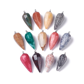 Natural Mixed Gemstone Pointed Pendants, with Stainless Steel Findings, Cone, Stainless Steel Color, 50~53x19~21mm, Hole: 2mm
