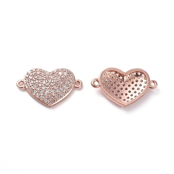 Brass Micro Pave Cubic Zirconia Links connectors, Heart, Clear, Rose Gold, 12x19.1x3mm, Hole: 1mm
