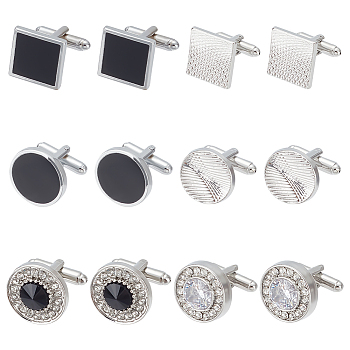 WADORN 6 Pairs 6 Styles Alloy/Iron Cufflinks for Men, with Enamel & Rhinestone, Flat Round/Square, Platinum, 15.5~21x15.5~21x17.7~21mm, 1 pair/style
