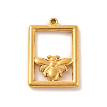 Ion Plating(IP) 304 Stainless Steel Pendants, Rectangle with Bee Charms, Real 18K Gold Plated, 29.5x20.5x4mm, Hole: 1.8mm