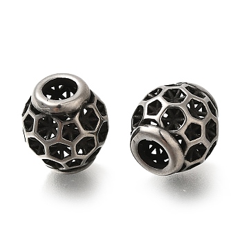 304 Stainless Steel European Beads, Large Hole Beads, Rondelle with Hollow Hexagon, Antique Silver, 10x10.5mm, Hole: 4mm