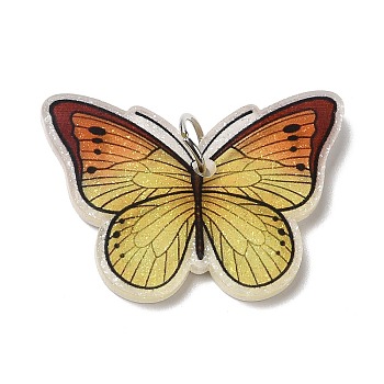 Opaque Acrylic Pendants, with Platinum Iron Jump Ring, Butterfly Charms, Gold, 25x33.5x4mm, Hole: 5.2mm