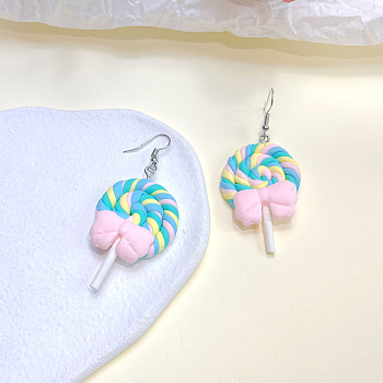 Alloy Polymer Clay Dangle Earrings, Lollipop, Platinum, Sky Blue, 65x25mm