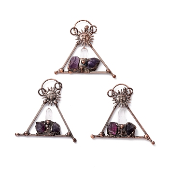 Natural Quartz Crystal and Amethyst Big Pendants, with Tin Findings, Lead & Nickel & Cadmium Free, Triangle, Red Copper, 73x68.5x10.5mm