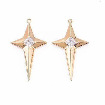 Brass Micro Pave Clear Cubic Zirconia Pendants, Nickel Free, Star, Real 18K Gold Plated, 30x17.5x5.5mm, Hole: 1mm