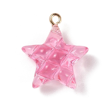 Transparent Resin Pendants, Star Charms with Light Gold Tone Alloy Loops, Hot Pink, 23x20.5x9.5mm, Hole: 2mm