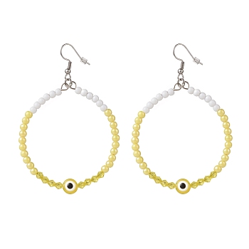 Resin Evil Eye & Acrylic Beaded Big Ring Dangle Earrings, 304 Stainless Steel Jewelry for Women, Yellow, 77mm, Pin: 0.6mm