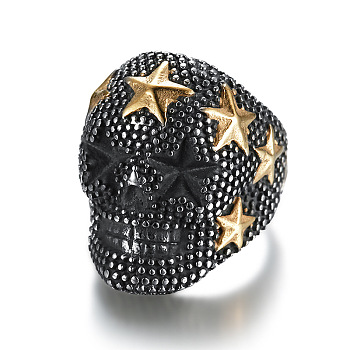 Skull with Star Chunky Wide Band Ring, Gunmetal 316 Stainless Steel Halloween Jewelry for Men Women, Golden, US Size 14(23mm)