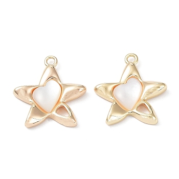 Brass Pendants, with Shell, Star Charm, Real 18K Gold Plated, 19x17x3mm, Hole: 1.6mm