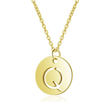 201 Stainless Steel Initial Pendants Necklaces, with Cable Chains, Flat Round with Letter, Golden, Letter.Q, 16.3 inch(40cm), 1mm