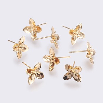 Brass Stud Earring Findings, Long-Lasting Plated, Flower, Nickel Free, Real 18K Gold Plated, 10.5x11x3mm, Pin: 0.8mm
