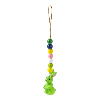 Easter Theme Plastic Rabbit Pendant Decorations, with Hemp Rope & Wooden Beads, Yellow Green, 282mm