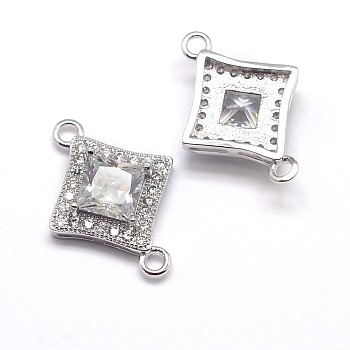 CZ Brass Micro Pave Cubic Zirconia Links, Clear, Cadmium Free & Nickel Free & Lead Free, Rhombus, Real Platinum Plated, 15x20x5mm, Hole: 1mm