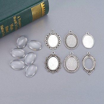 DIY Pendant Making, with Tibetan Style Alloy Pendant Cabochon Settings and Transparent Oval Glass Cabochons, Antique Silver, Cabochons: 25x18x5mm, 6pcs/set