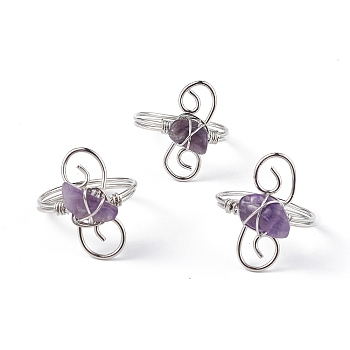 Natural Amethyst Chips with Vortex Finger Ring, Platinum Brass Wire Wrap Jewelry for Women, Inner Diameter: 18mm