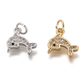 Brass Micro Pave Clear Cubic Zirconia Charms, Long-Lasting Plated, with Jump Ring, Dolphin Shape, Mixed Color, 11x12x1.5mm, Jump Ring: 5x1mm, 3mm Inner Diameter