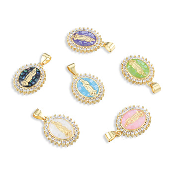 Brass Micro Pave Clear Cubic Zirconia Pendants, with Enamel and Shell, Real 18K Gold Plated, Nickel Free, Oval with Virgin Mary, Mixed Color, 19.5x14.5x4mm, Hole: 3x4mm