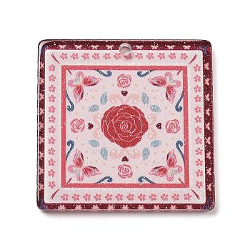 Acrylic Pendants, Square with Flower, Red, 35x35x2mm, Hole: 2mm