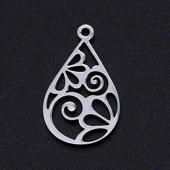304 Stainless Steel Pendants, Filigree Joiners Findings, Laser Cut, teardrop, with Flower, Stainless Steel Color, 22x13x1mm, Hole: 1.4mm