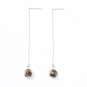 Natural Tiger Eye Dangle Earrings, with Brass Bead Frames and 304 Stainless Steel Earring Findings, 106~109mm, Pin: 0.7mm