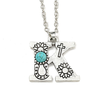 Letter A~Z Antique Silver Plated Alloy with Synthetic Turquoise Pendant Necklaces, with Iron Cable Chains, Letter K, 18.70 inch(475mm), Letter K: 26x26.5mm