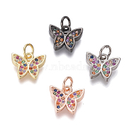Brass Micro Pave Cubic Zirconia Charms, with Jump Rings, Butterfly, Colorful, Mixed Color, 9.5x11x2mm, Hole: 3mm(ZIRC-I032-59)