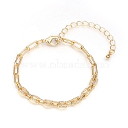 Brass Paperclip Chains Bracelets, with Clear Cubic Zirconia and Lobster Claw Clasps, Long-Lasting Plated, Golden, 6-1/4 inch(16cm)(BJEW-I286-02G)