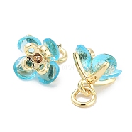 Brass Micro Pave Cubic Zirconia Charms, with Jump Ring, Flower, Real 18K Gold Plated, Cyan, 7.5x7.5x7.5mm, Hole: 1.8mm(KK-C051-14G-06)