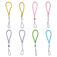 1 Set PU Leather Knitting Wrist Lanyard Hand Mobile Straps, with Iron Findings, Rope and Glass Flower Charms, Mixed Color, 21.5cm, 8pcs/set(HJEW-FH0006-50)