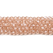 Transparent Electroplate Glass Beads Strands, Pearl Luster Plated, Faceted, Bicone, Pink, 4x4mm, Hole: 0.8mm, about 87~98pcs/strand, 12.76~14.61 inch(32.4~37.1cm)(GLAA-F029-4mm-C15)