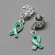 Alloy Enamel European Dangle Charms, Large Hole Pendants, Awareness Ribbon, Silver Color Plated, Spring Green, 26mm, Hole: 5mm(X-MPDL-R046-08B)