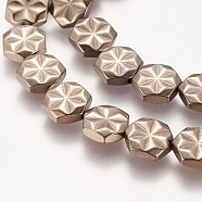 Electroplated Non-magnetic Synthetic Hematite Beads Strands, Grade AA, Hexagon with Flower, Antique Bronze Plated, 9x8x2.5~3mm, Hole: 1mm, about 40pcs/strand, 15.7 inch(40cm)(G-K259-06H)
