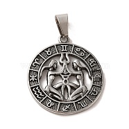304 Stainless Steel Pendants, Flat Round with Twelve Constellations Charms, Antique Silver, Gemini, 28x25x2mm, Hole: 7x5mm(STAS-C084-01E-AS)
