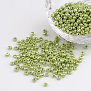 DIY Craft Beads 8/0 Opaque Colors Lustered Round Glass Seed Beads, Green Yellow, Size: about 3mm in diameter, hole:1mm, about 1101pcs/50g(X-SEED-A012-3mm-124)