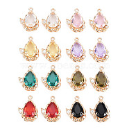 Glass Pendants, with Brass Micro Pave Clear Cubic Zirconia Findings, Faceted, Teardrop, Light Gold, Mixed Color, 22.5x17x7mm, Hole: 1.6~1.8mm(X-GLAA-S054-30)