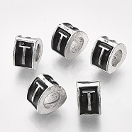 Alloy European Beads, Enamel Style, Large Hole Beads, Triangle with Letter, Platinum, Black, Letter.T, 9.5x9x6.5mm, Hole: 5mm(MPDL-S038-09T)