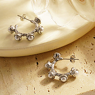Stainless Steel Stud Earrings, Imitation Pearl Half Hoop Earring for Women, Stainless Steel Color, 25mm(CU8073-2)