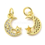 Rack Plating Brass Micro Pave Clear Cubic Zirconia Charms, with Jump Ring, Moon with Star Charm, Real 18K Gold Plated, 12.5x8x1.7mm, Hole: 3.2mm(KK-D036-12G)