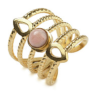 Natural Rhodonite Finger Rings, Teardrop 304 Stainless Steel Multi-layer Open Cuff Rings, Real 18K Gold Plated, 24mm, Adjustable(RJEW-U027-08G-09)