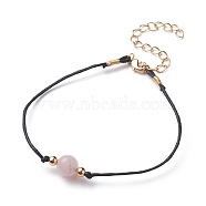 Natural Rose Quartz Beaded Bracelets, with Waxed Cotton Cords, Brass Round Beads and Lobster Claw Clasps, Golden, 7-5/8~7-7/8 inch(19.5~20cm)(BJEW-JB05505-03)