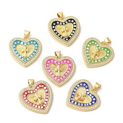 Heart with Corss Brass Micro Pave Cubic Zirconia Pendants, with Enamel & Shell, Long-Lasting Plated, Lead Free & Cadmium Free, Real 18K Gold Plated, Mixed Color, 23x22.5x4mm, Hole: 5x3mm(KK-K385-040G)