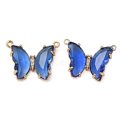 Brass Pave Faceted Glass Connector Charms, Golden Tone Butterfly Links, Blue, 17.5x23x5mm, Hole: 0.9mm(FIND-Z020-03B)