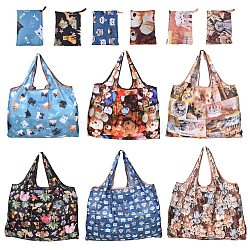 6Pcs 6 Styles Foldable Eco-Friendly Nylon Grocery Bags, Reusable Waterproof Shopping Tote Bags, with Pouch and Bag Handle, Mixed Patterns, 52.5x60x0.15cm, 1pc/style(ABAG-SZ0001-13A)