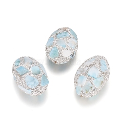 Polymer Clay Rhinestone Beads, with Natural Larimar Chips, Oval, Crystal, 44~47x29~30x17~18mm, Hole: 1.8mm(G-E562-06)