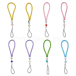 1 Set PU Leather Knitting Wrist Lanyard Hand Mobile Straps, with Iron Findings, Rope and Glass Flower Charms, Mixed Color, 21.5cm, 8pcs/set(HJEW-FH0006-50)