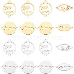 CHGCRAFT 16Pcs 4 Styles 201 Stainless Steel Connector Charms, Laser Cut Links, for Mother's Day, Flat Round with Word MOM, Golden & Stainless Steel Color, 19~20x15x1mm, Hole: 1~1.6mm, 4pcs/style(STAS-CA0001-60)