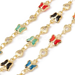 Handmade Eco-friendly Brass Butterfly & Heart Link Chain, with Cubic Zirconia & Glass Beaded, Real 18K Gold Plated, Lead Free & Cadmium Free, Soldered, with Spool, Colorful, 11x7x2mm, 8x5x2mm(CHC-E025-29G)