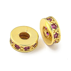 Brass Cubic Zirconia Spacer Beads, Long-Lasting Plated, Lead Free & Cadmium Free, Flat Round, Fuchsia, 7x2.8mm, Hole: 2.8mm(KK-L215-008C-G02)